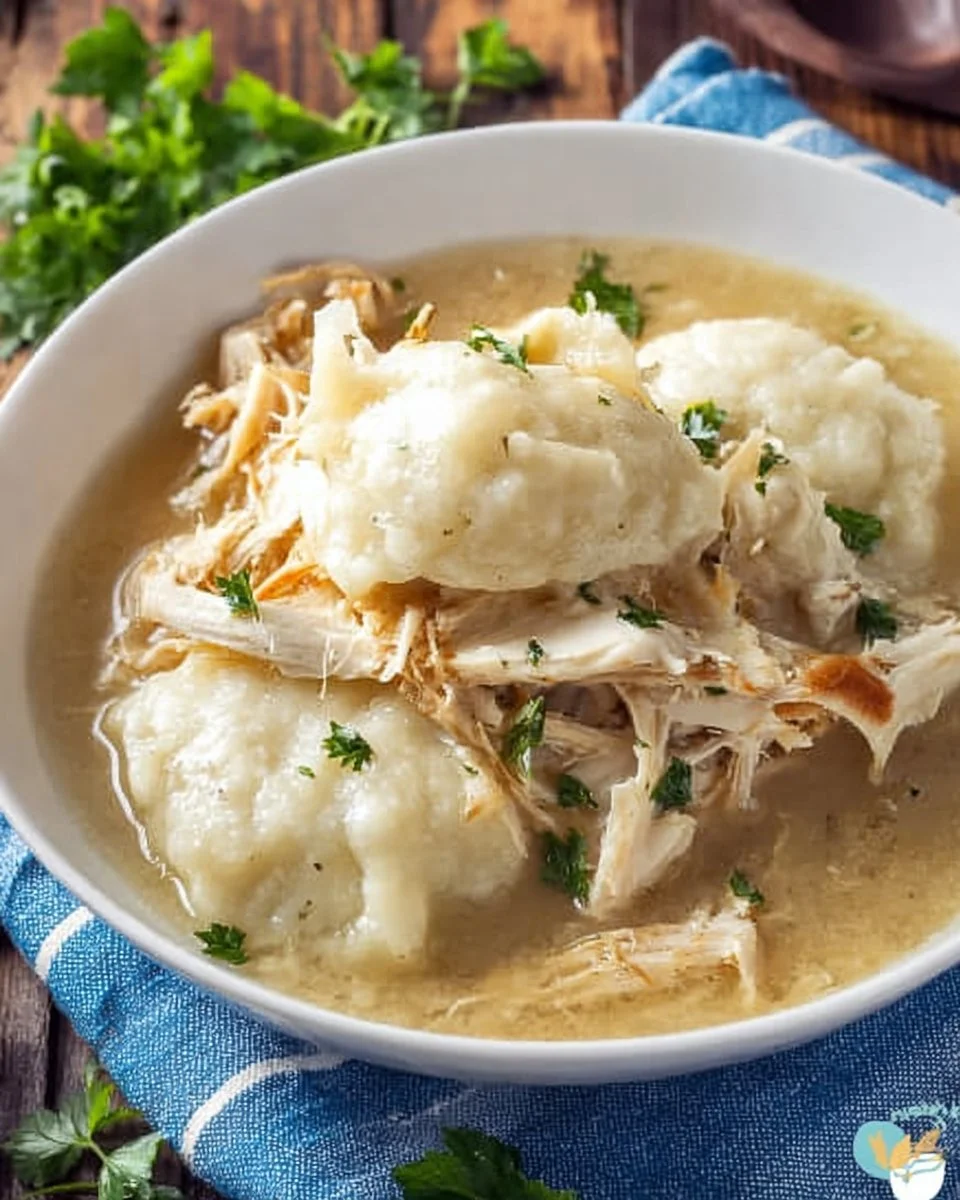 Bowl of old-fashioned chicken and dumplings with vegetables and herbs