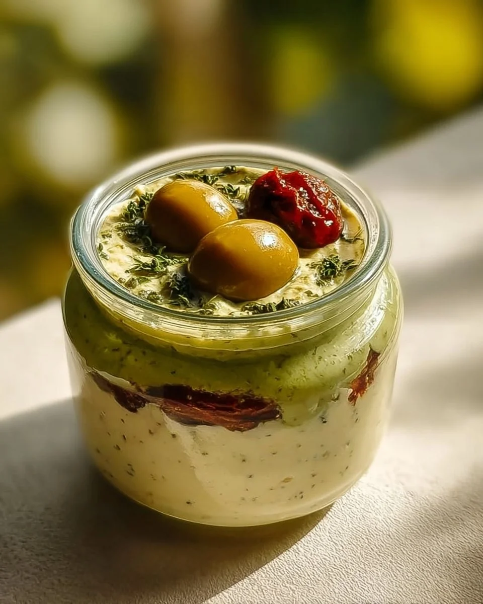 Olive Lovers’ Dream Dip served in a bowl with fresh herbs and bread