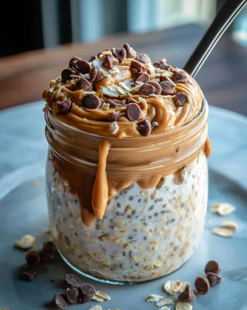 Bowl of chocolate peanut overnight oats topped with nuts and berries