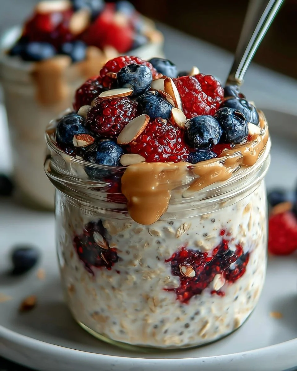 Bowl of overnight oats topped with almond slices and fresh berries