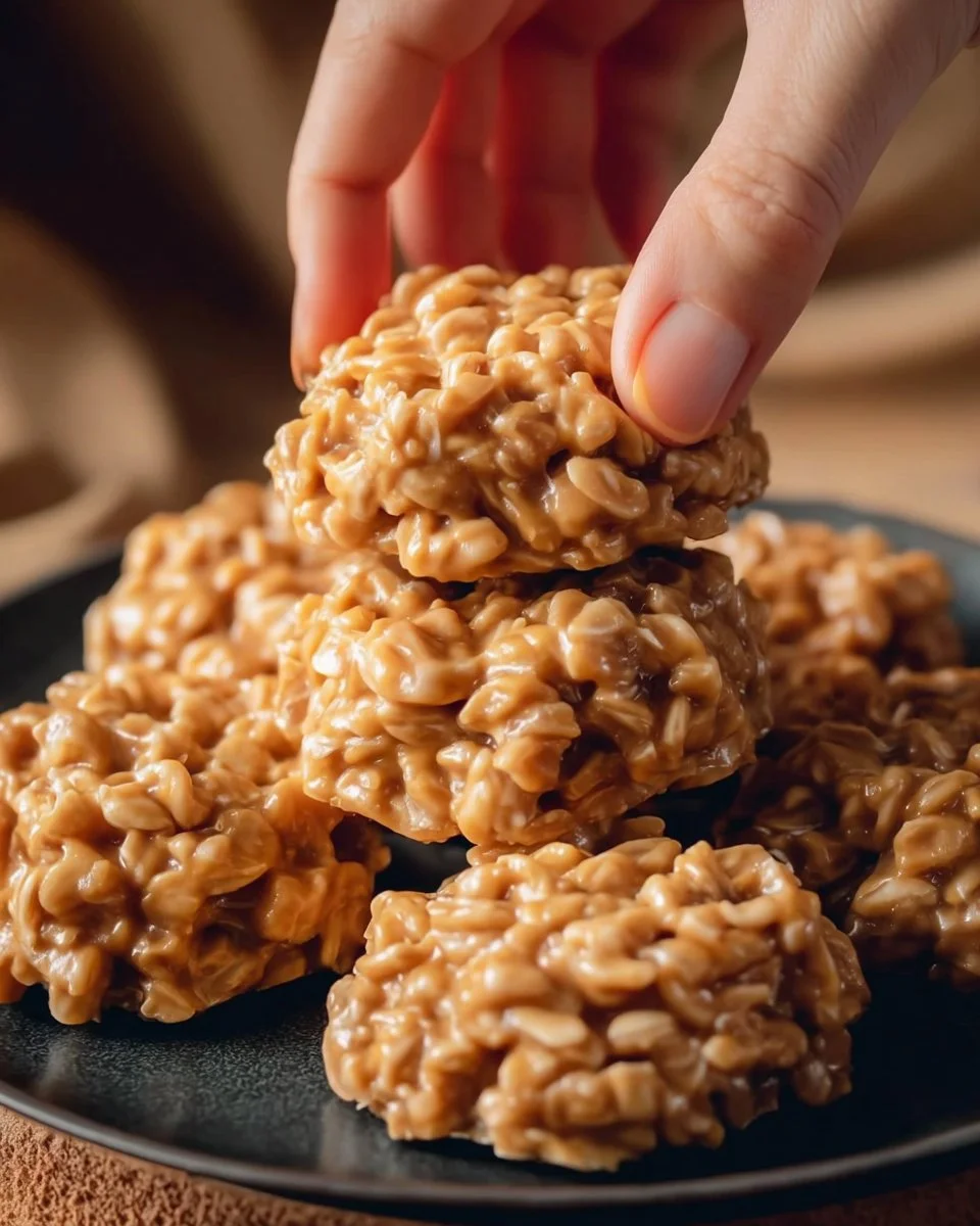 Delicious Peanut Butter No-Bake Cookies on a wooden plate, ready to enjoy