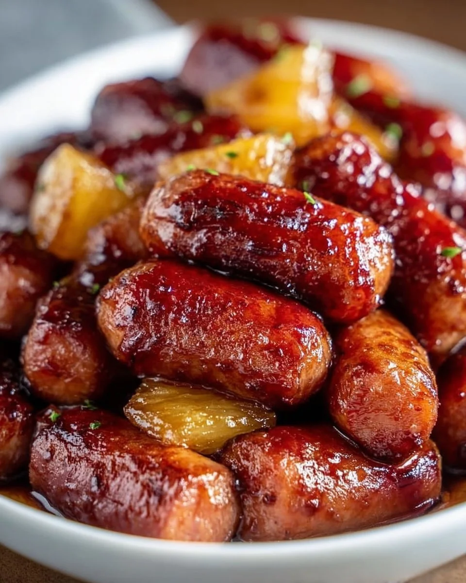 Pineapple Brown Sugar Mississippi Little Smokies Bites plated and ready to serve