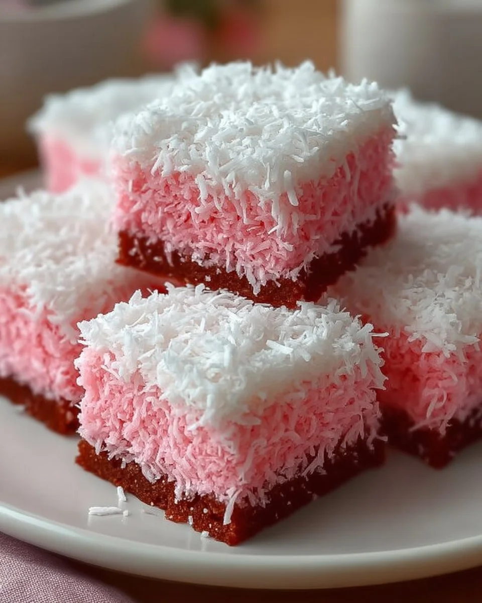 Pink Coconut Snowball Cake Bars decorated with coconut flakes
