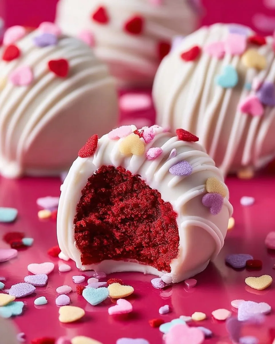 Decadent red velvet truffles topped with cream cheese frosting.