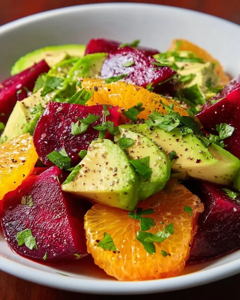 Roasted beet orange avocado salad garnished with fresh herbs