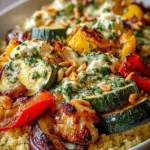 Bowl of Roasted Veggie Feta Couscous topped with fresh herbs