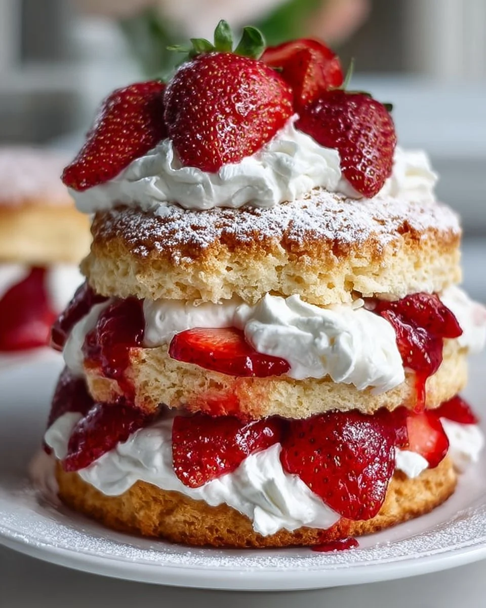 Delicious romantic strawberry shortcake topped with fresh strawberries and whipped cream