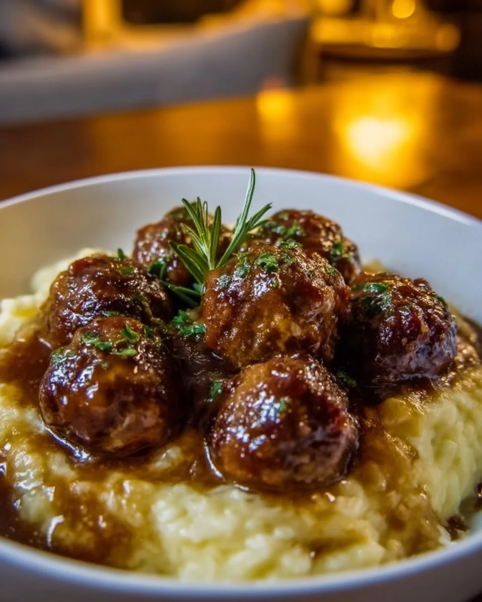 Salisbury steak meatballs served with garlic herb mashed potatoes