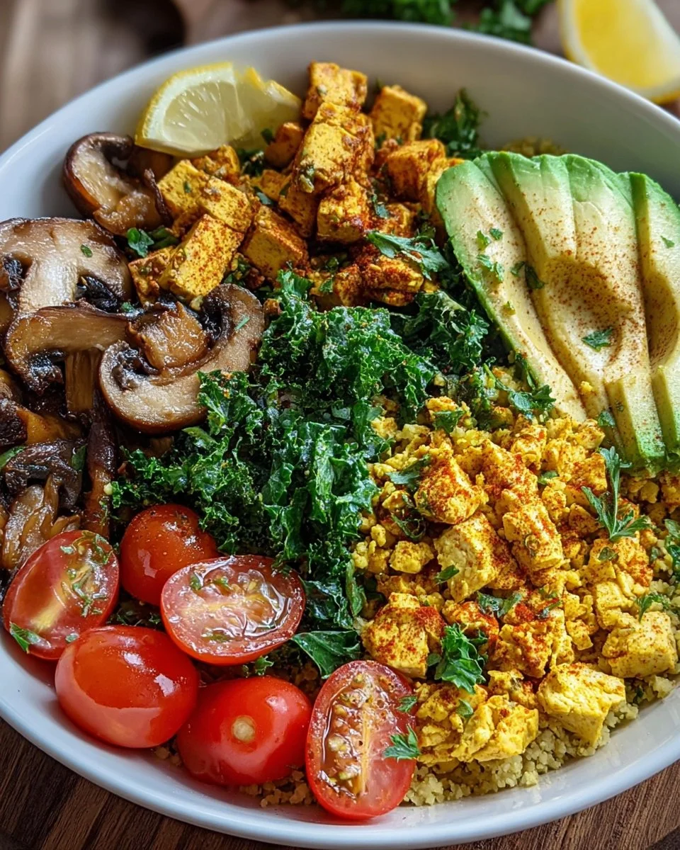 Healthy scrambled tofu breakfast bowl with vegetables and spices