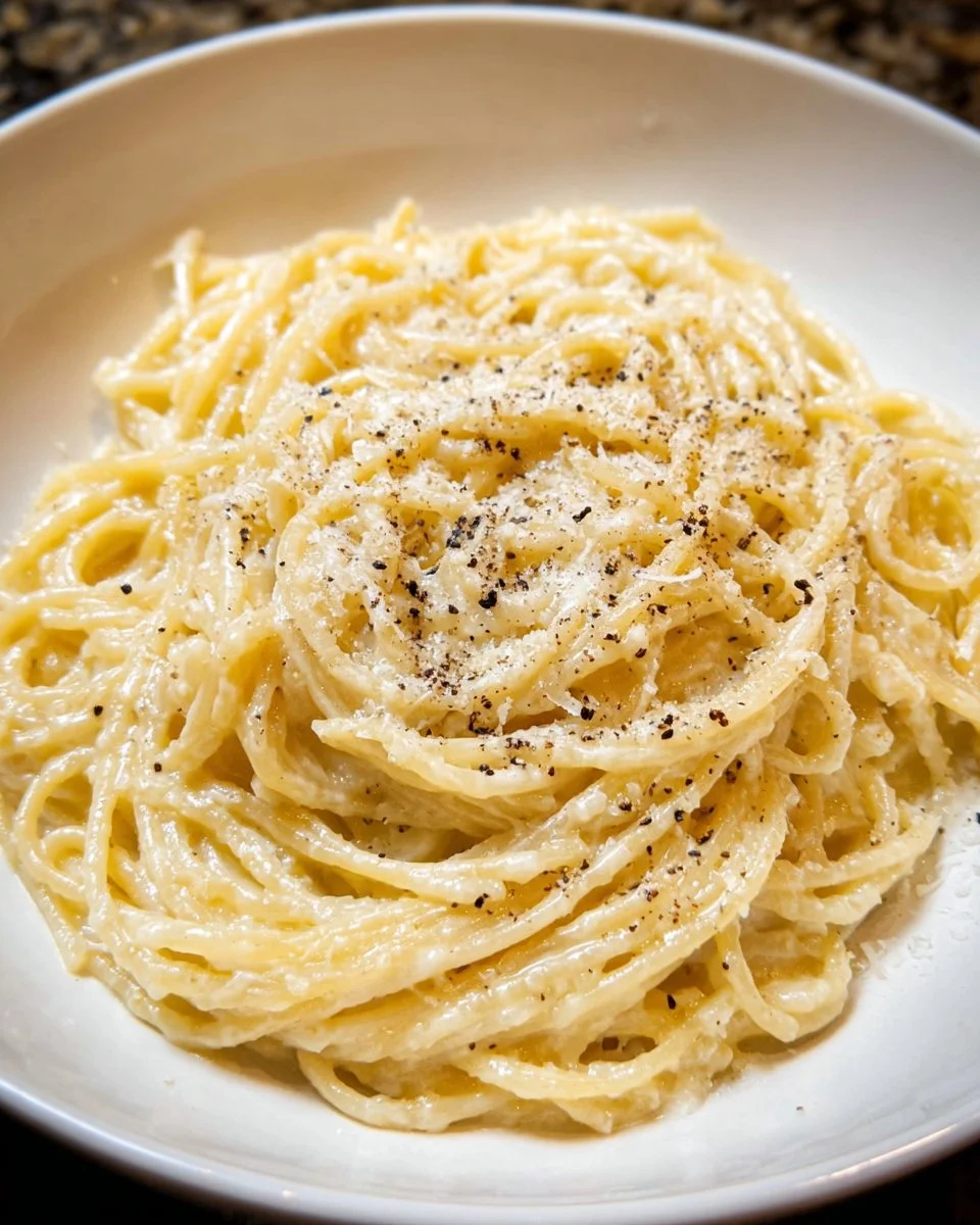 Plate of spaghetti with cheese and pepper garnished with herbs