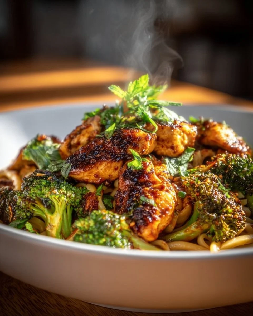 Spicy Garlic Chicken and Broccoli Noodle Bowl topped with herbs and vegetables