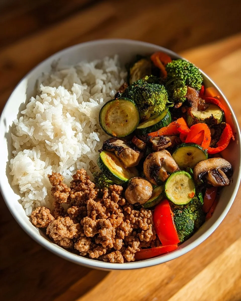 Spicy ground beef stir-fry bowl with garlic vegetables and rice