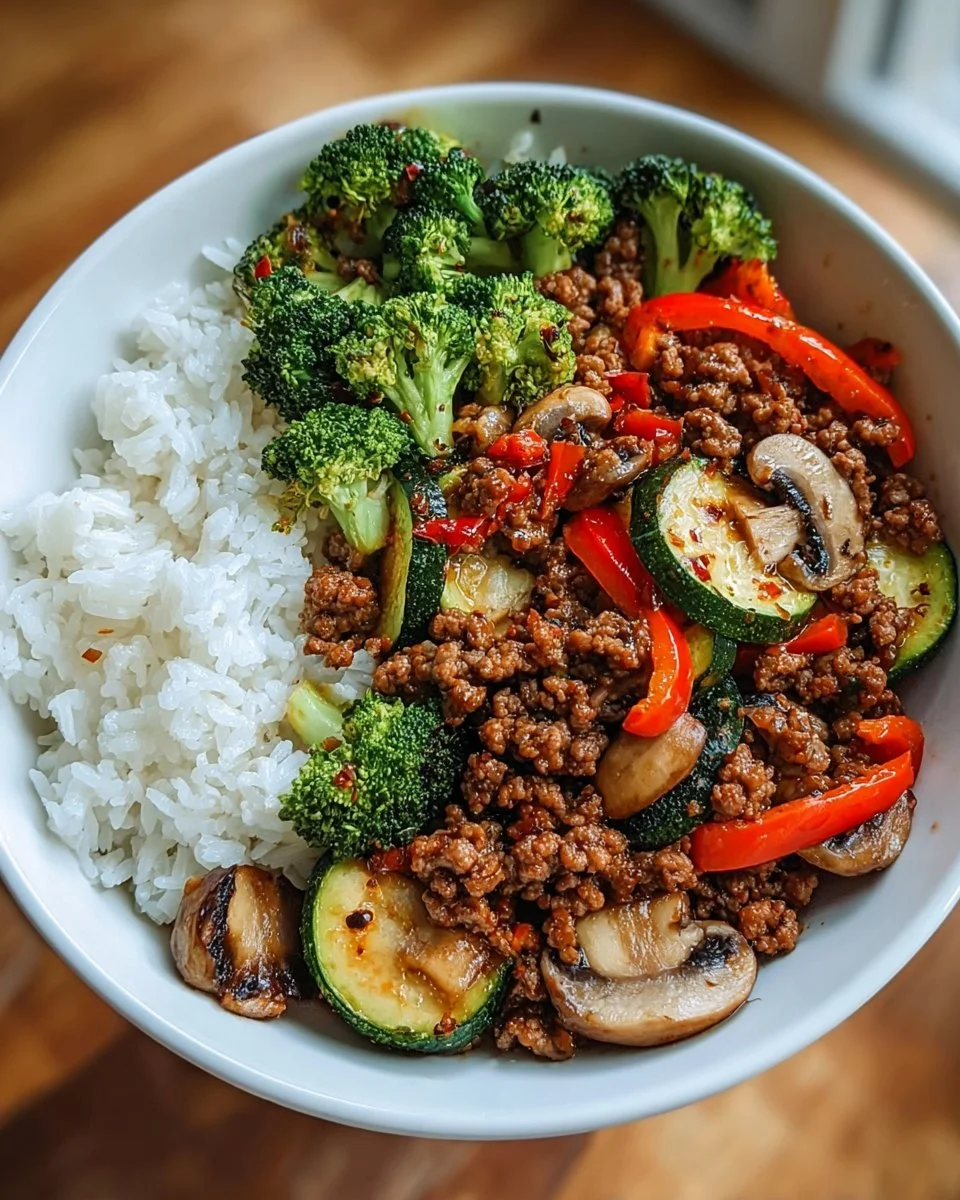 Spicy ground beef stir-fry bowl with garlic veggies and rice