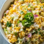 Bowl of spicy jalapeno corn coleslaw served at a summer BBQ