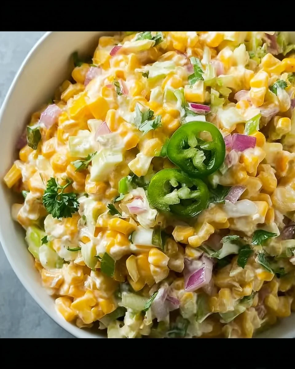 Bowl of spicy jalapeno corn coleslaw served at a summer BBQ