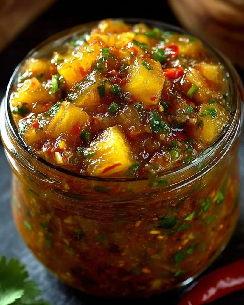 Jar of spicy sweet chutney near fresh ingredients for a delicious condiment