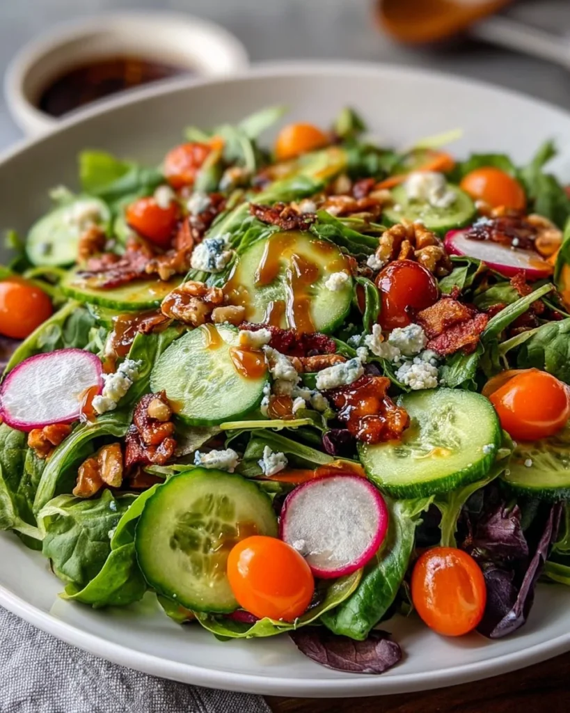 Spring Greens tossed in honey mustard dressing for a fresh salad.