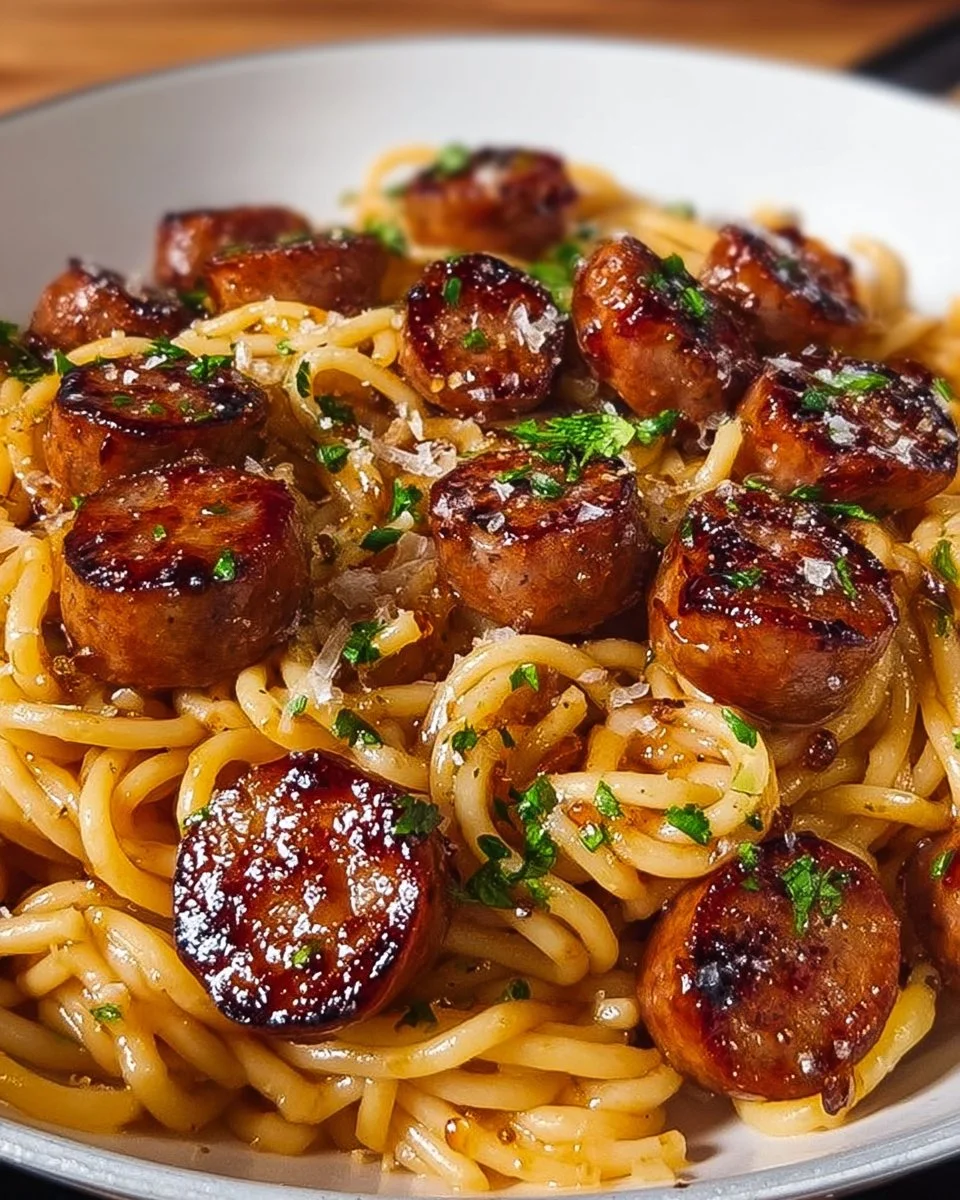 Sticky honey garlic sausage pasta skillet with fresh herbs and colorful vegetables.