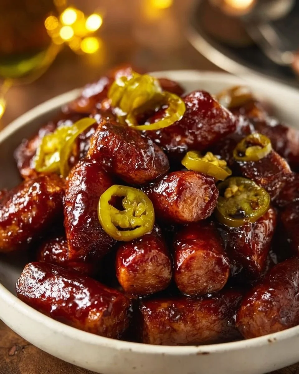A platter of Sticky Mississippi Little Smokies served with sauce