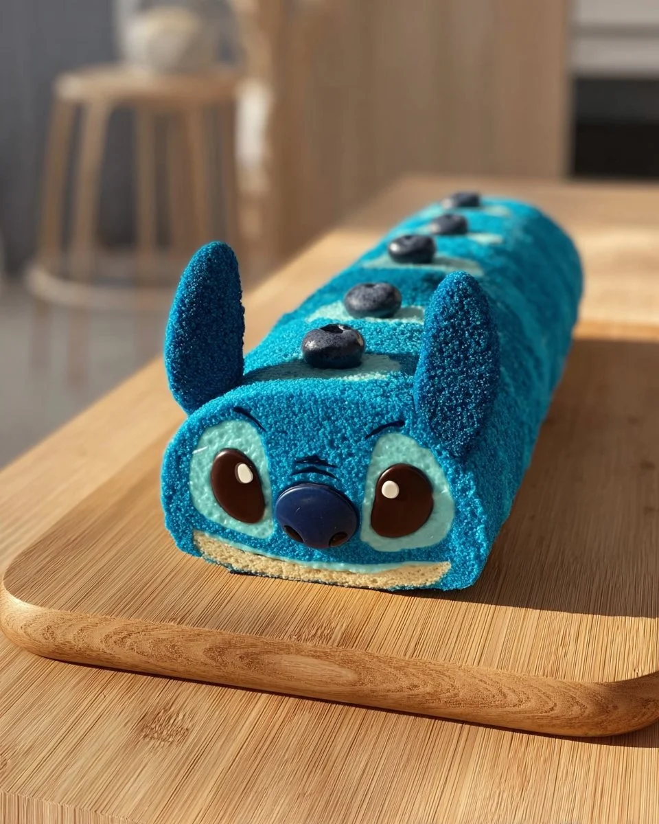 Stitch-inspired tropical blue cake roll with vibrant colors and fun decorations.