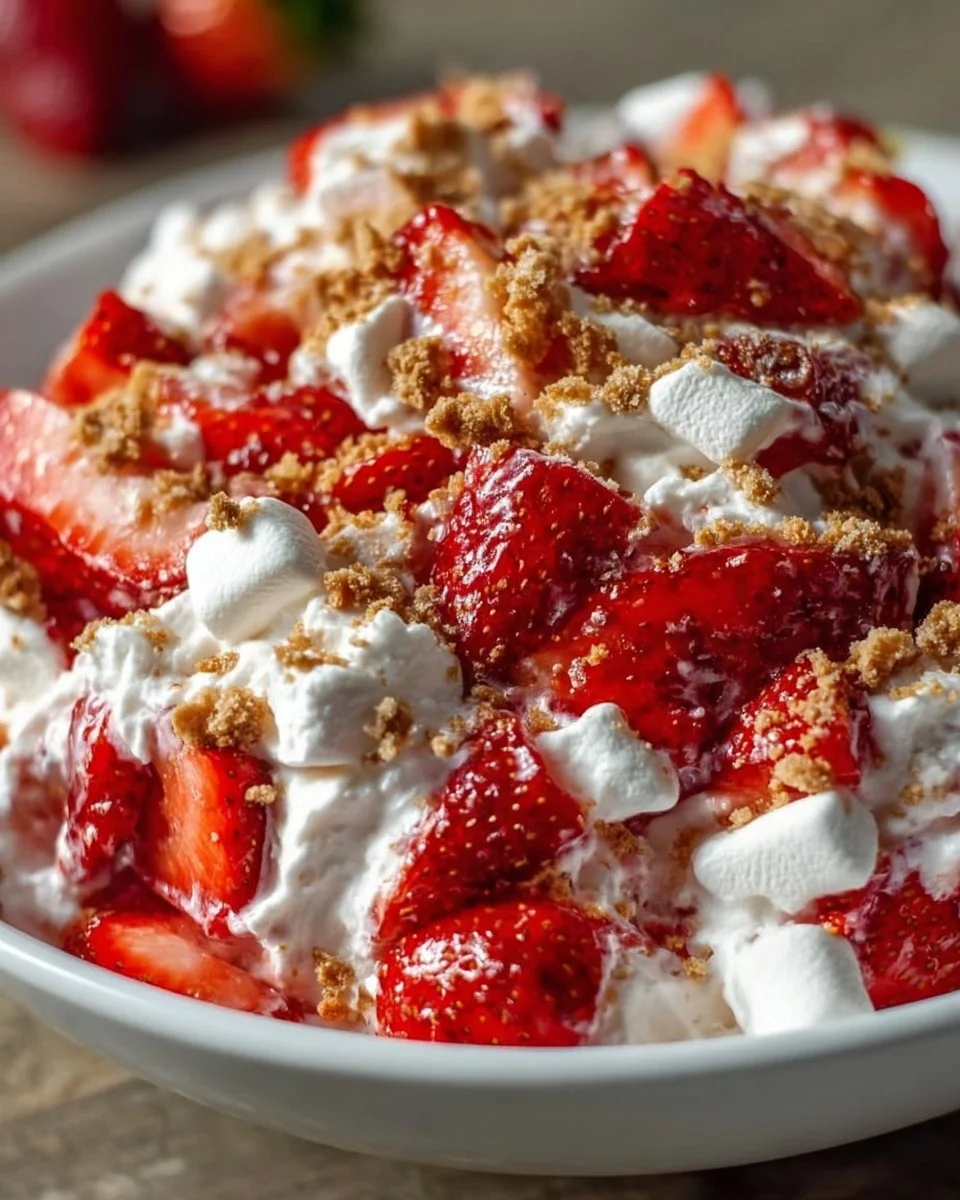Colorful Strawberry Crackle Salad with fresh strawberries and crunchy toppings