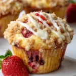 Delicious strawberry cream cheese muffins topped with streusel ready to be enjoyed