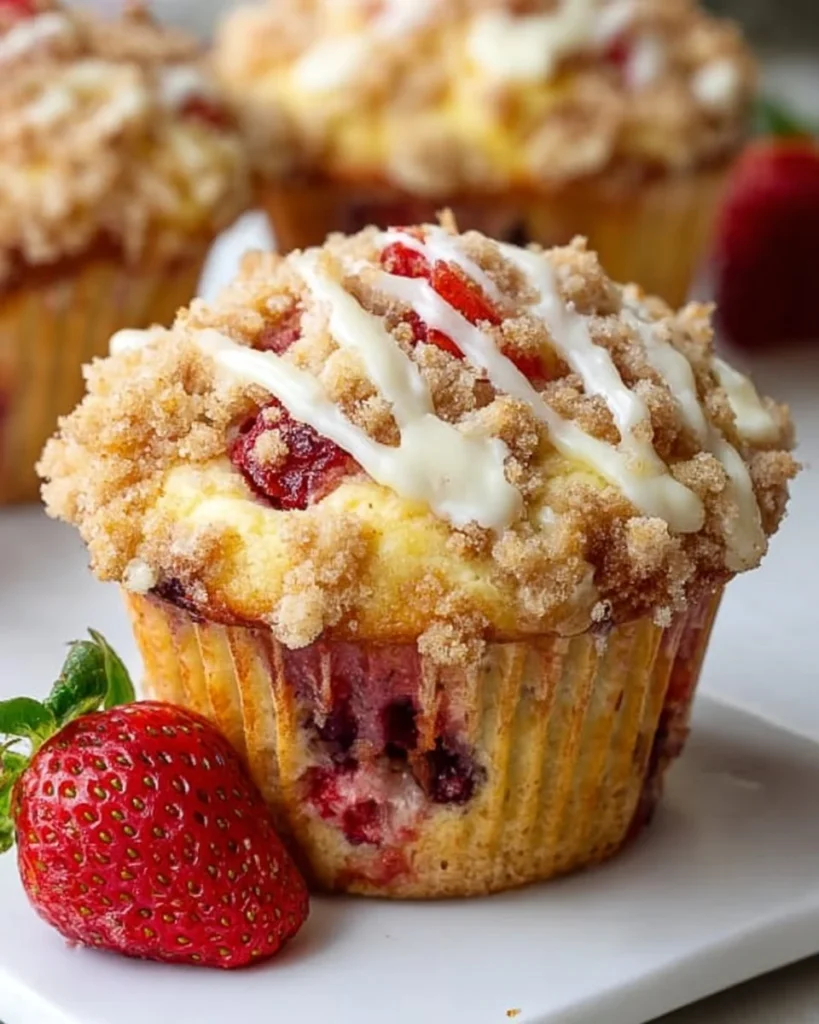 Delicious strawberry cream cheese muffins topped with streusel ready to be enjoyed