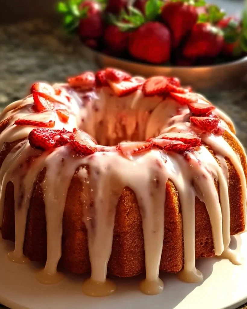 Slice of Strawberry Cream Cheese Pound Cake drizzled with strawberry glaze