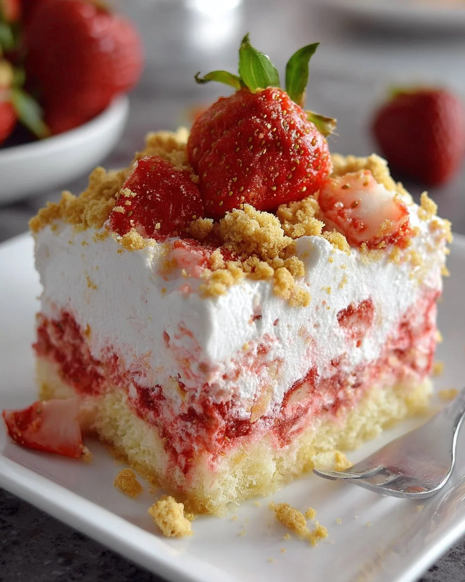 Delicious strawberry crunch poke cake garnished with fresh strawberries and whipped cream.