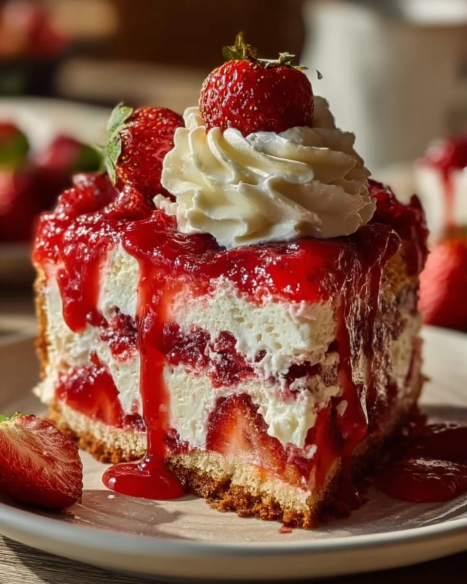 Delicious Strawberry Earthquake Cake topped with fresh strawberries and chocolate drizzle