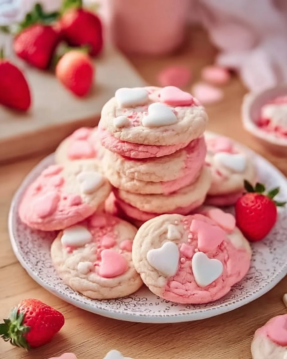 Freshly baked strawberry milkshake cookies on a plate