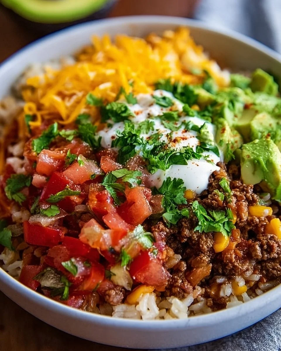 Delicious Taco Rice Bowl with toppings and vibrant colors