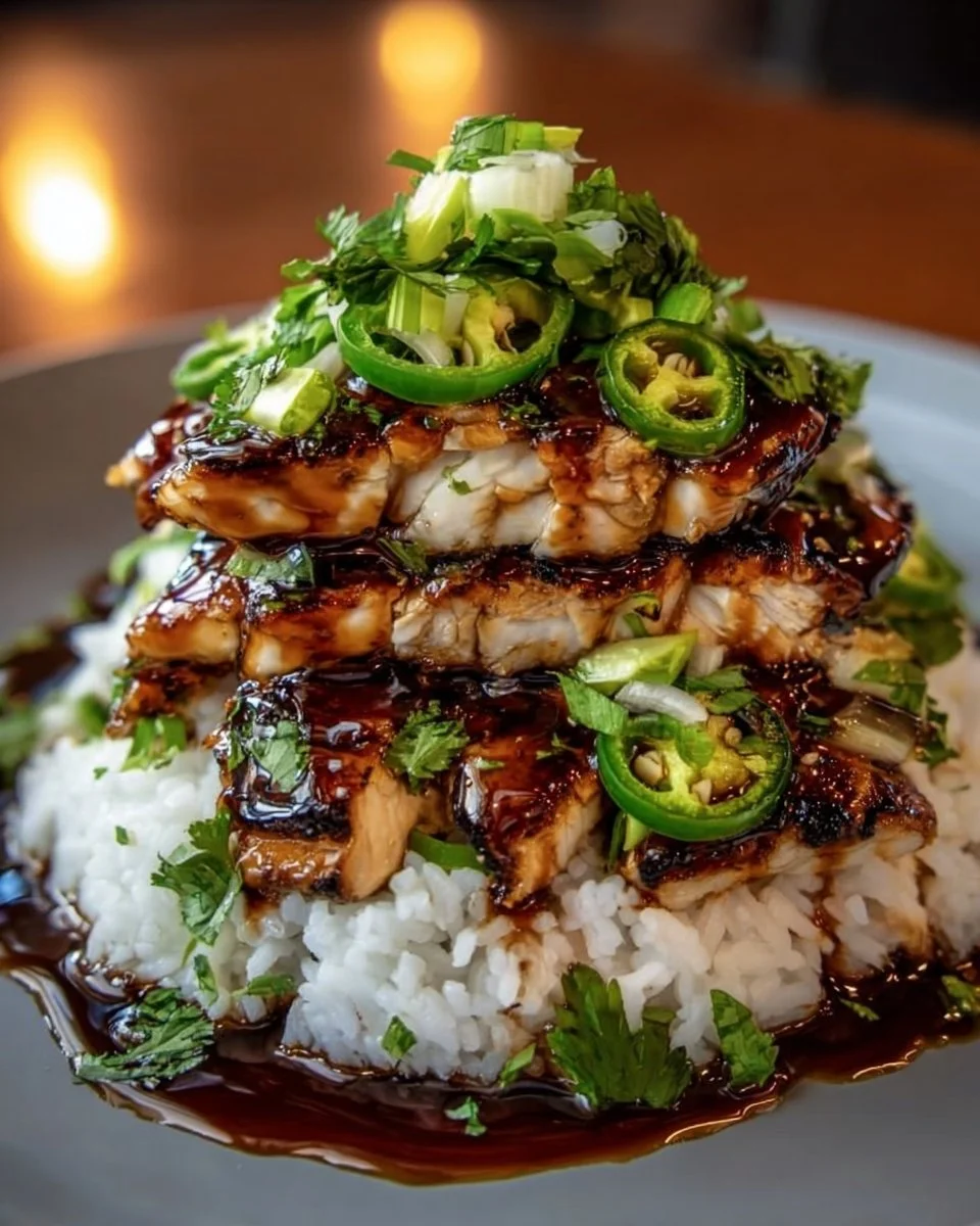 Delicious Honey Lime Chicken served with avocado rice stack.