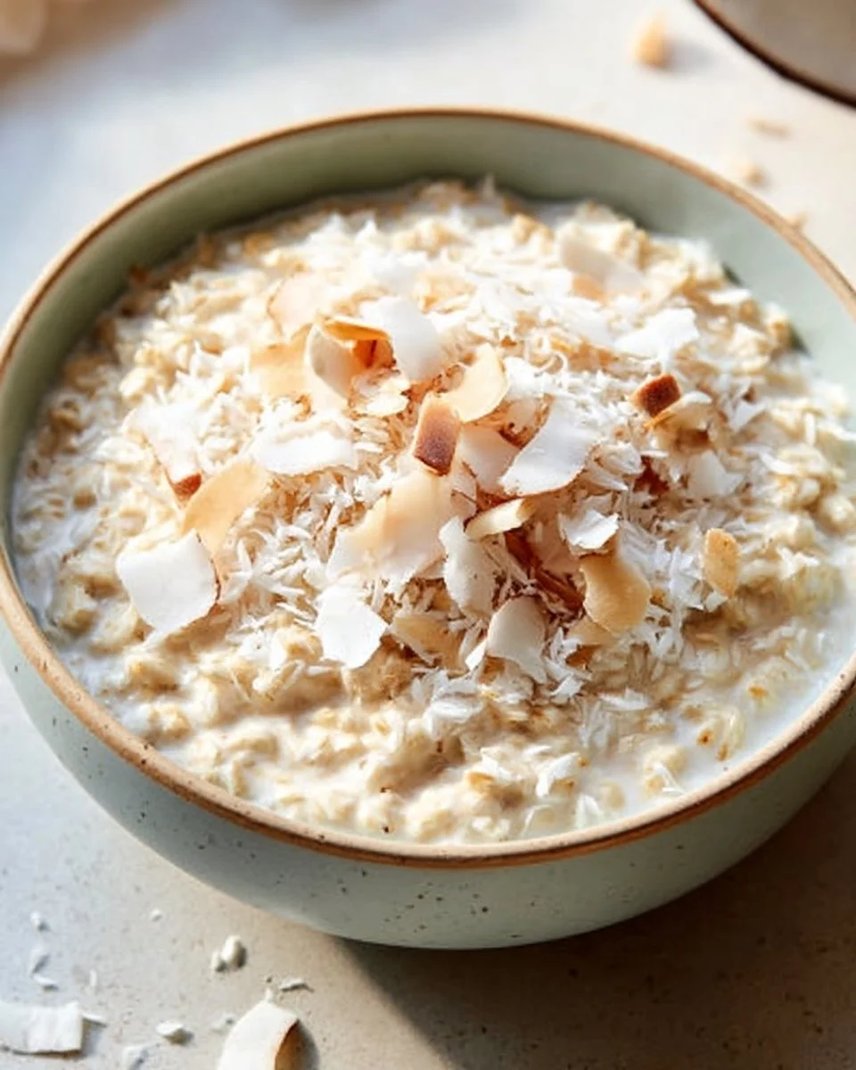 Bowl of tasty coconut cream oats topped with fruits and nuts