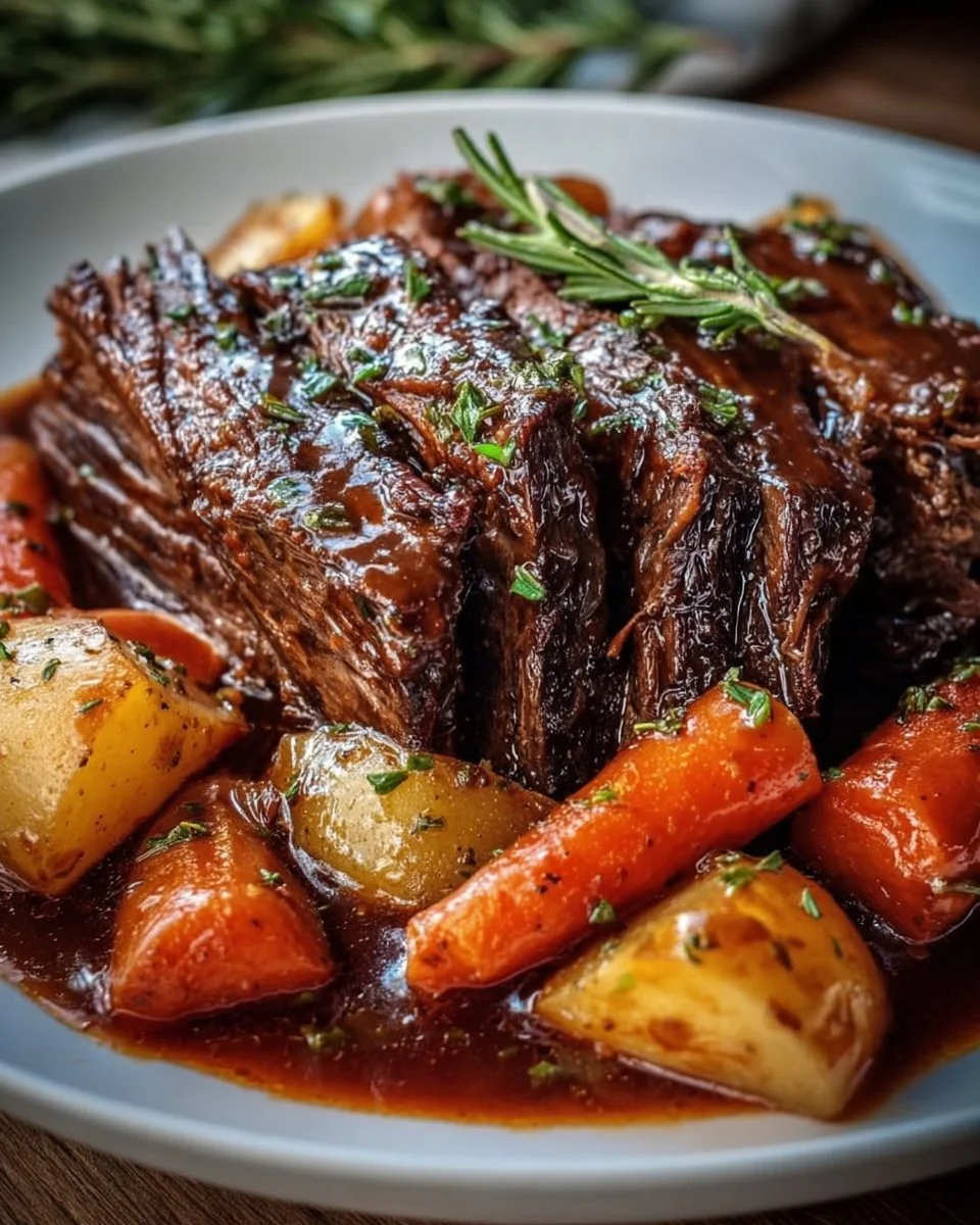 Tender beef pot roast served with vegetables and gravy in a rustic setting.