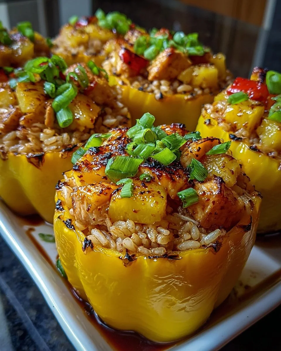 Teriyaki Pineapple Chicken and Rice Stuffed Peppers plated dish with vibrant colors.