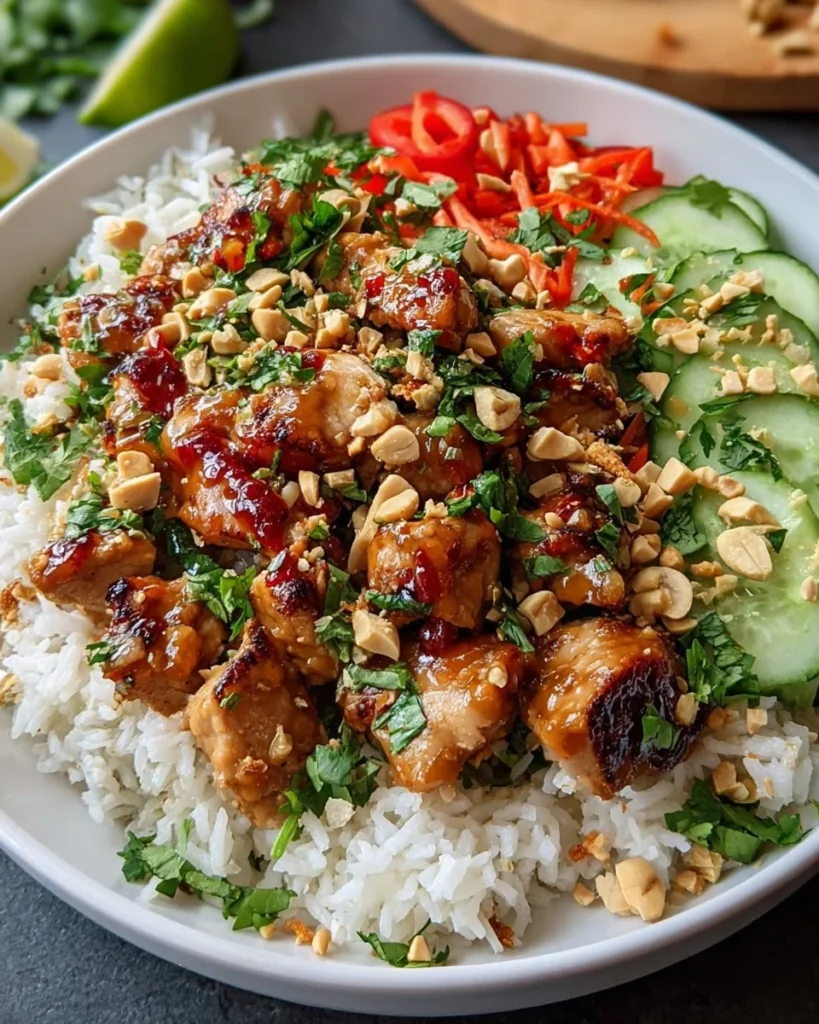 Delicious Thai Peanut Chicken Bowl with tender chicken, colorful vegetables, and peanut sauce