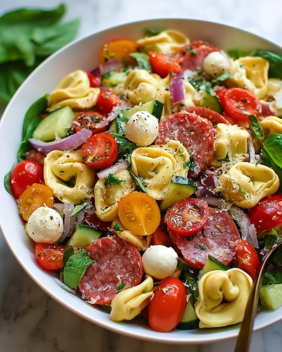 Colorful tortellini pasta salad with vegetables and dressing on a plate