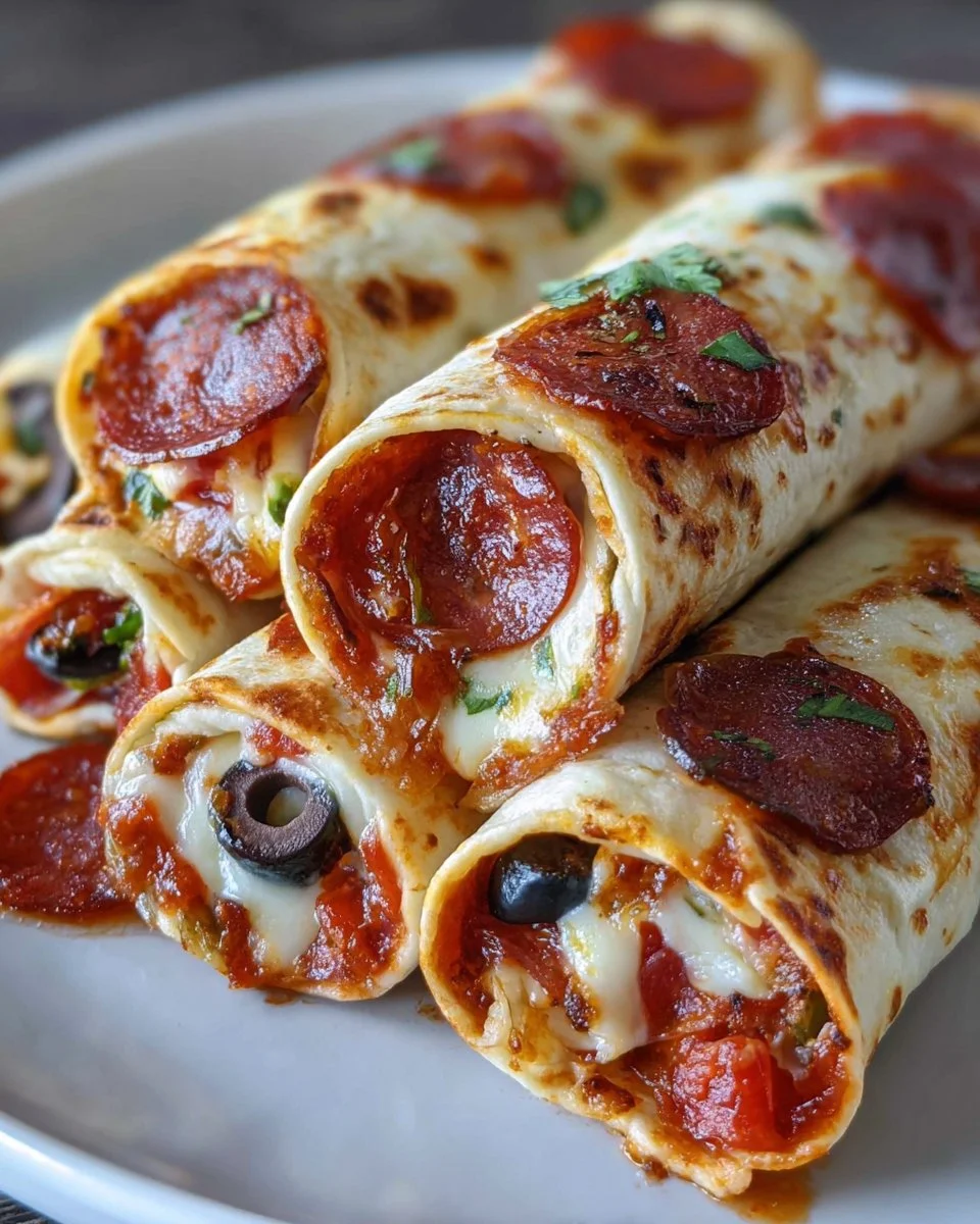 Delicious tortilla pizza rolls served with toppings.