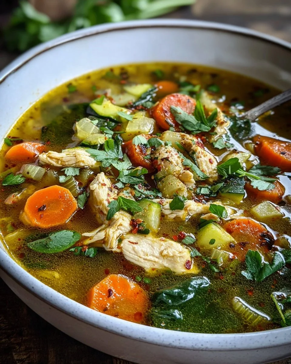 Bowl of Turmeric Chicken Soup Golden with fresh herbs and spices