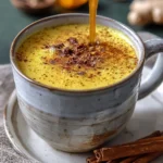 A warm cup of turmeric ginger golden milk, a vibrant yellow beverage rich in spices.