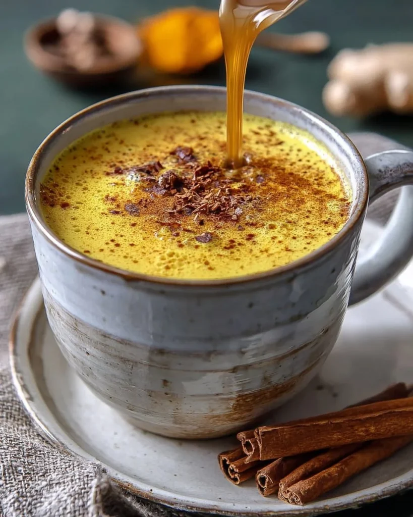 A warm cup of turmeric ginger golden milk, a vibrant yellow beverage rich in spices.