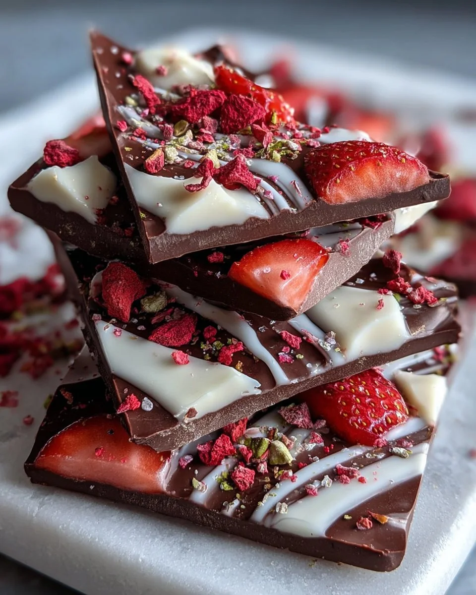 Delicious Valentine Chocolate Strawberry Bark decorated with fresh strawberries