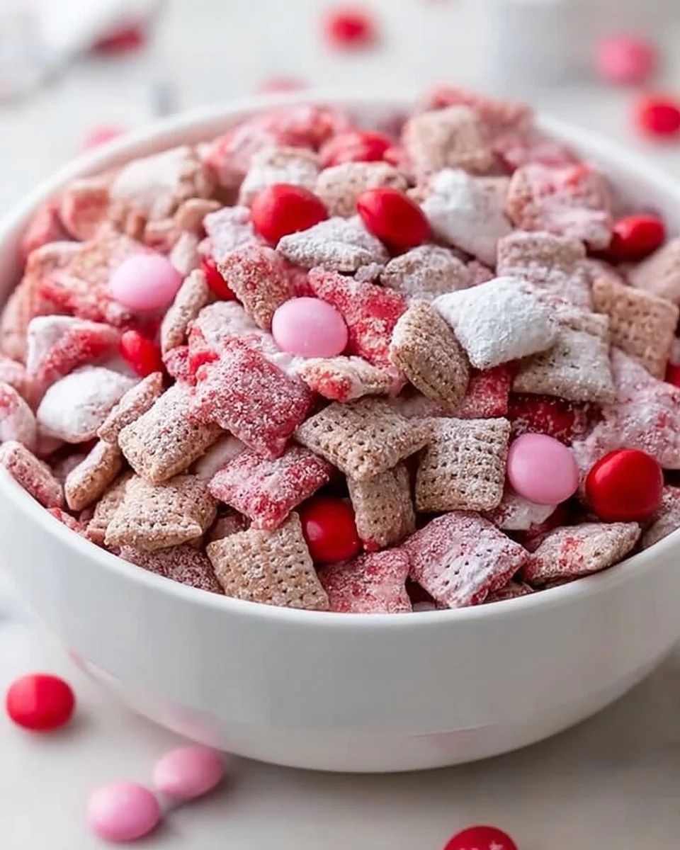 Valentine's Day Muddy Buddies dessert in heart-shaped bowl