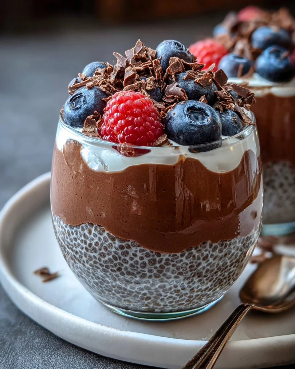 Delicious Vegan Chocolate Chia Parfaits layered in a clear glass bowl with fruits.