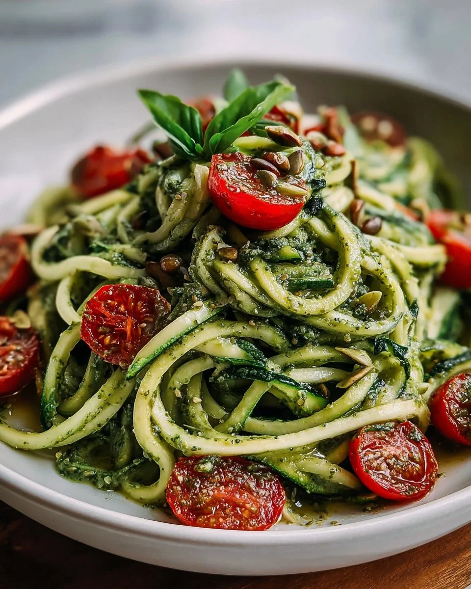 Bowl of vegan zucchini noodles topped with delicious pumpkin seed pesto.
