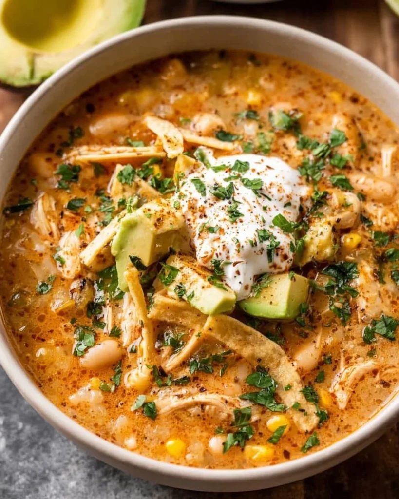Bowl of white chicken chili topped with cilantro and jalapeños