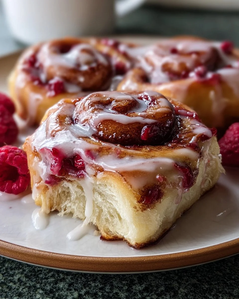 Delicious raspberry cinnamon rolls topped with glaze on a wooden table