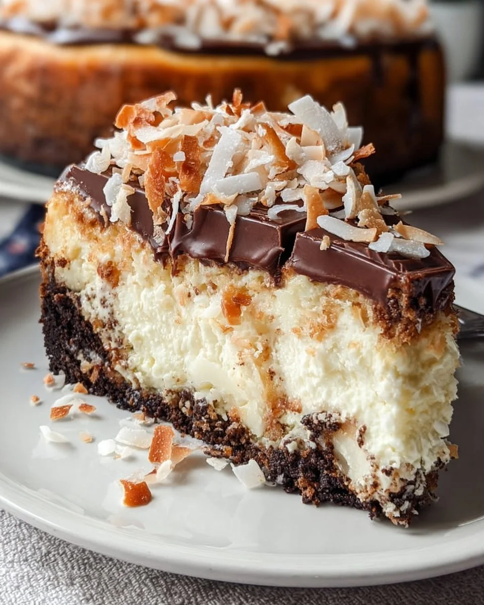 Slice of Almond Joy Cheesecake topped with chocolate and coconut flakes.