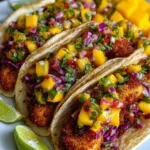 Delicious Baja fish tacos served with fresh toppings and lime wedges.